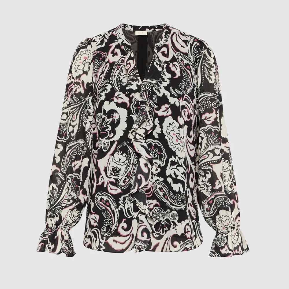 Laura Paisley Print Ruffle Front Blouse Black White Pattern - Picture 2 of 13
